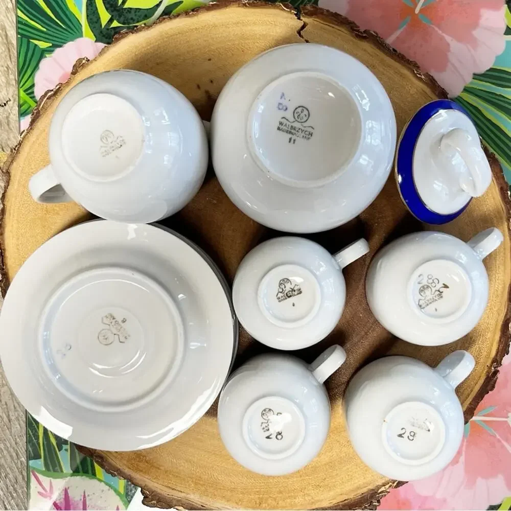 Vintage Walbrzych Poland Demitasse Espresso Set Blue Gold Porcelain 10 Pc RARE